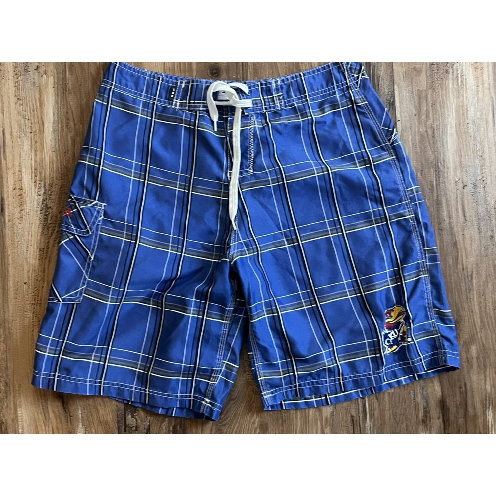 CSS Kansas Jayhawks Blue Plaid Board Shorts Drawstring Men's Size 32"